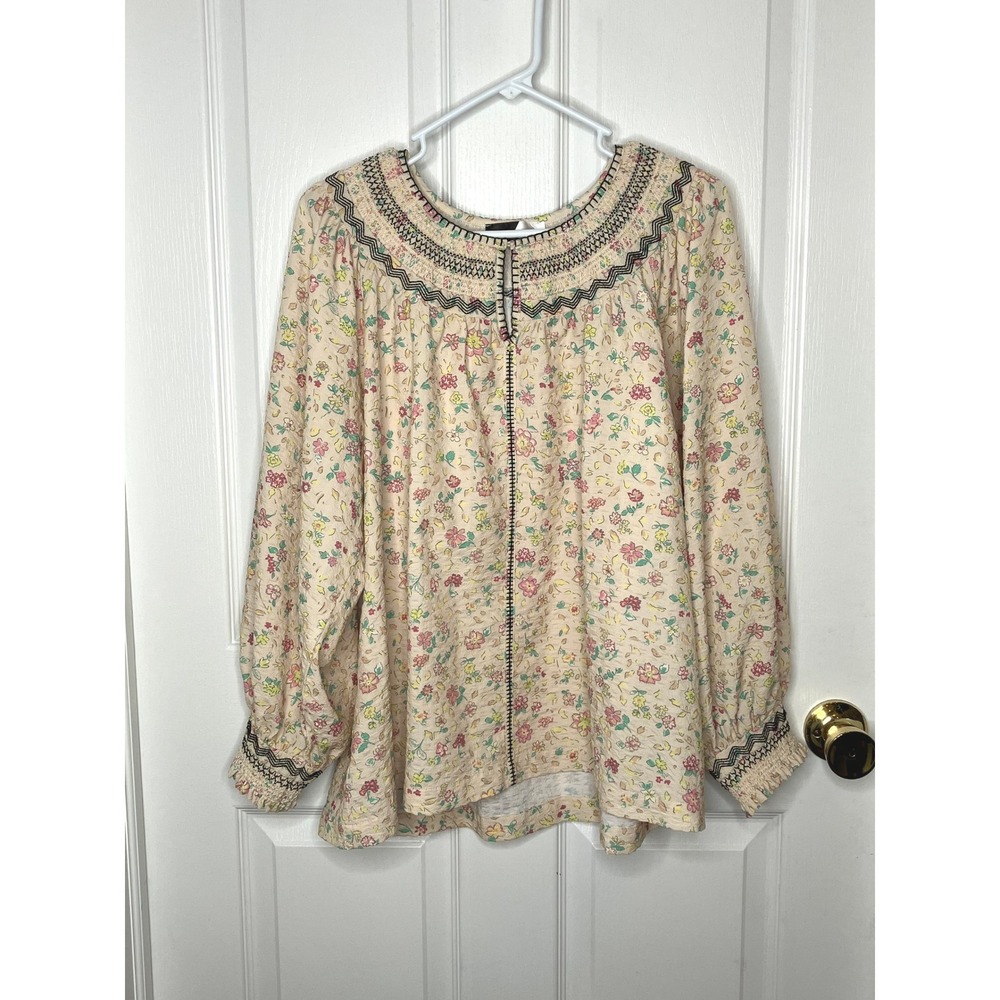Piper & Scoot Exclusive Buy Me Flowers Boho Blouse Cream Embroidered Size Large - Picture 2 of 8